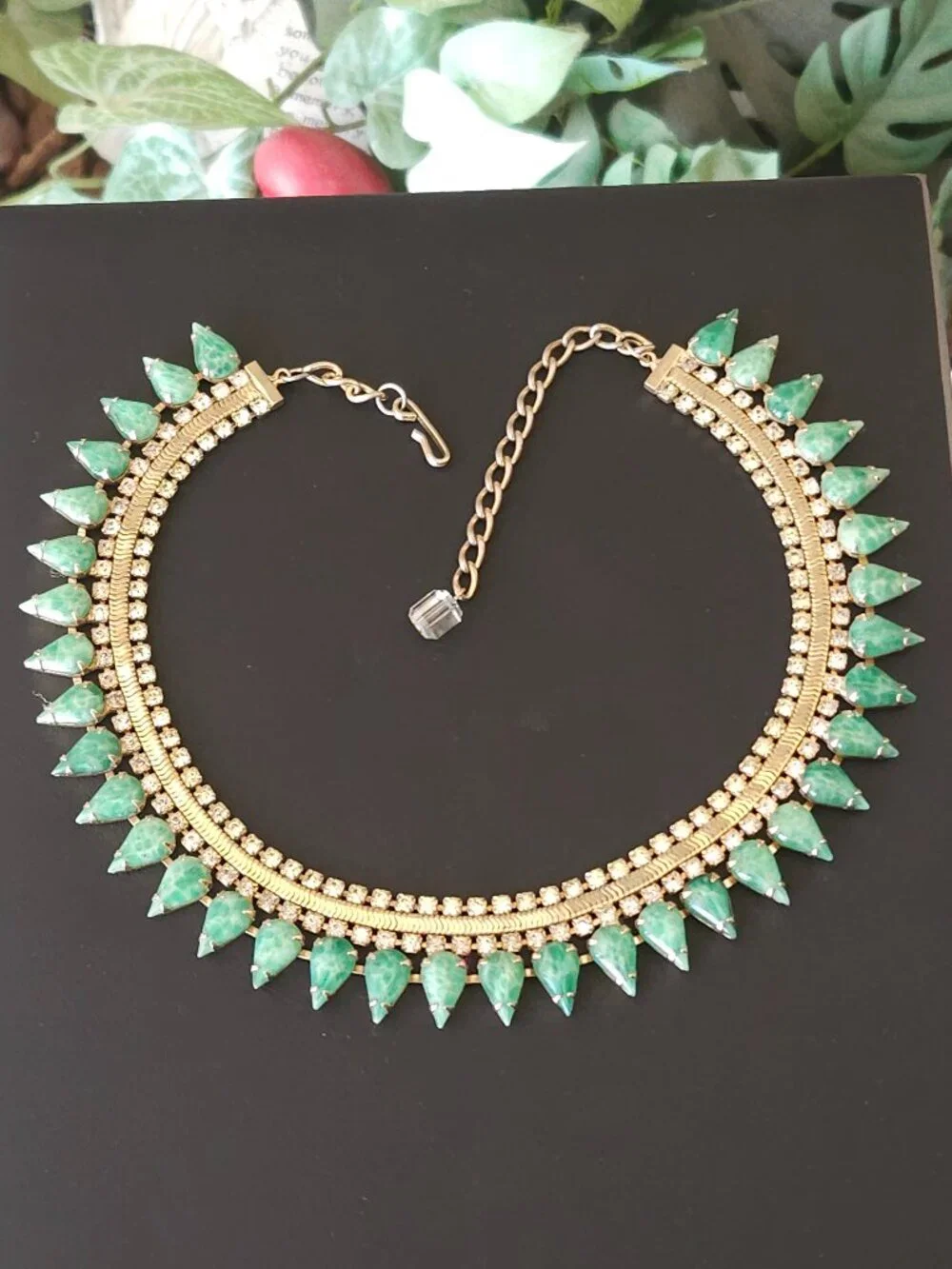 Vintage Faux Jade Glass and Rhinestone Collar Necklace
